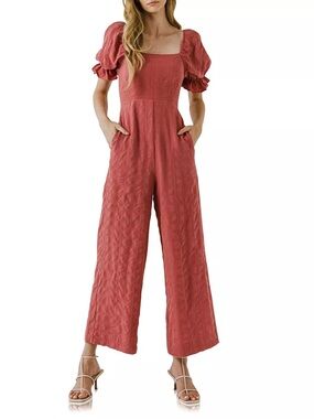 Free The Roses Textured Square Neck Jumpsuit-Pink. Size S